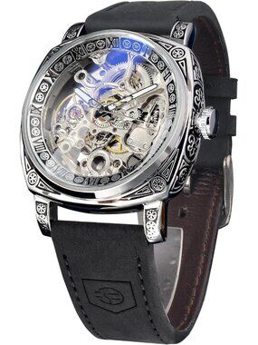 Men's Black Square Mechanical Leather Strap Self-Wind Carved Automatic Watch